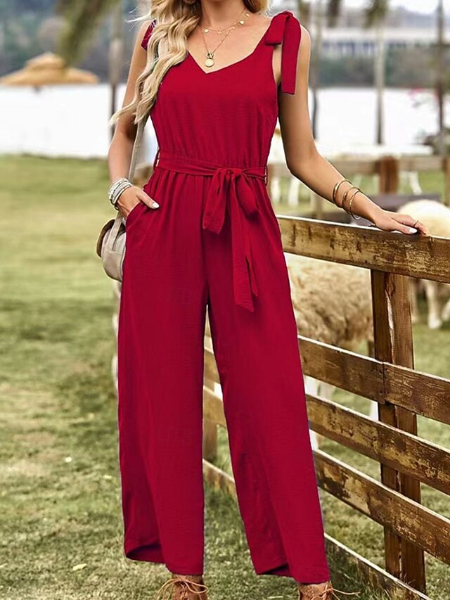 Women's Normal Jumpsuit Active Solid Color Sleeveless V Neck Lace up Pocket Vacation Daily Regular Fit Black Wine Summer4
