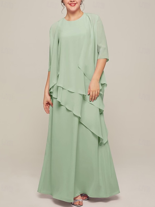  Kleid Kleider-Sets Mutter der Braut Kleid elegantes vintage Crew-Neck bodenlanges Chiffon langärmelige Jacke Kleider mit Spitzenstufe kaskadierenden Rüschen