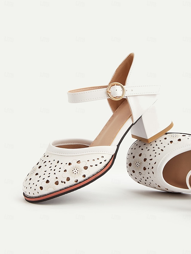  Weiße Mary-Jane-Schuhe mit niedrigem Absatz für Damen – lasergeschnittenes Blumendesign, Vintage-Stil für legere und formelle Anlässe