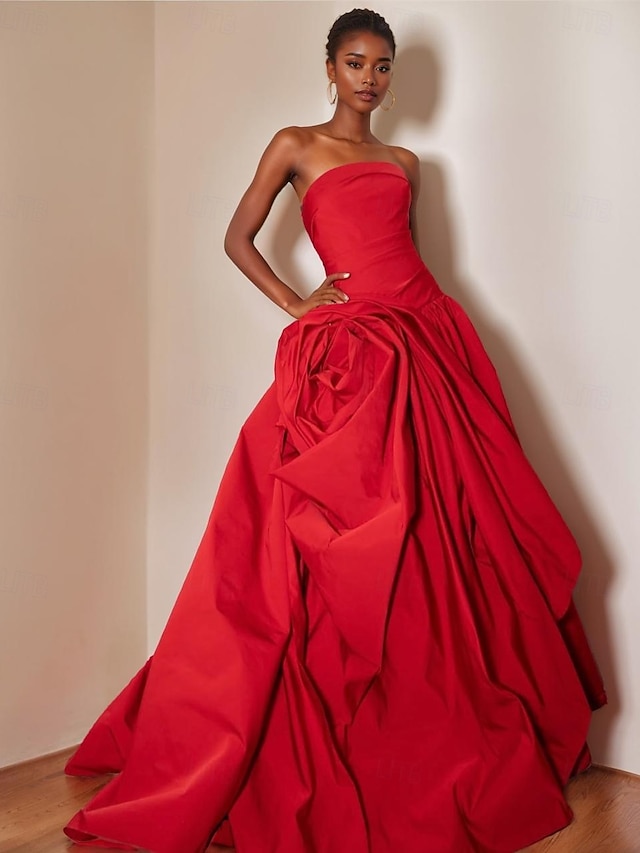  Ballkleid A-Linie Abfall Taille Abendkleid Promistil Blumen Kleid Karneval Formal Watteau Zug Ärmellos Strapless Satin mit Rüschchen