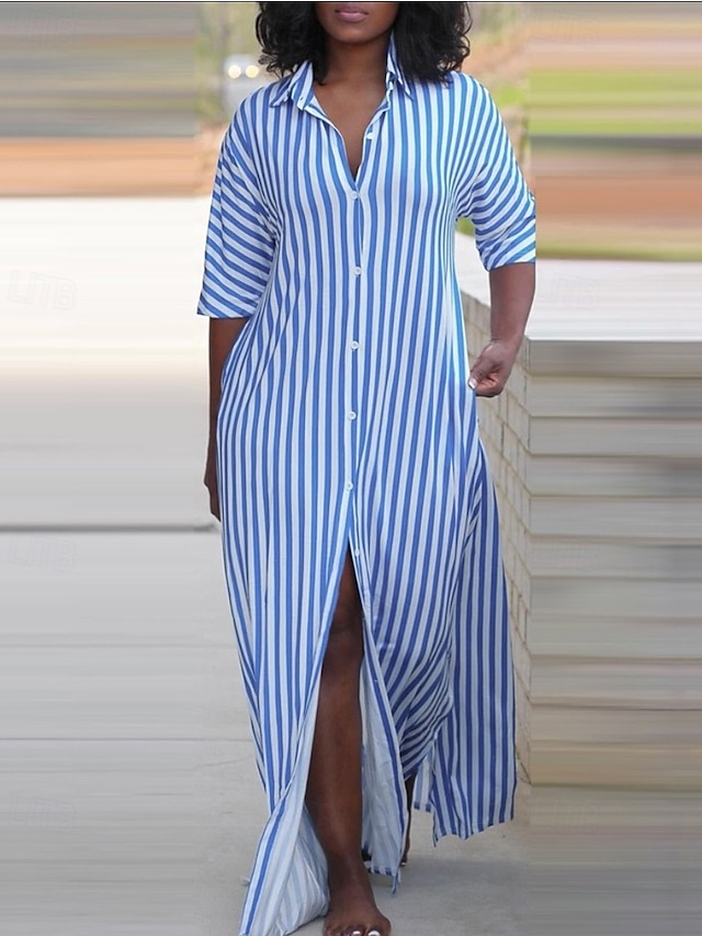  Pentru femei Rochie Lunga Rochie Maxi Rochii Tip Cămașă Rochie casual Rochie de vară Stilat Casual Vacanță Zilnic Dată Fit regulat Dunga Manșon Jumate Rever Negru Roșu-aprins Albastru piscină Trifoi
