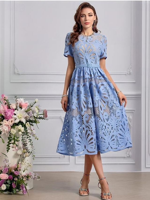  Blauwe cocktailjurk kant strandbruiloft A-lijn elegante jurk bruiloft gast jurk semi-formele feestkleding thee lengte midi lengte korte mouw afgeronde zoom met borduurwerk jurken