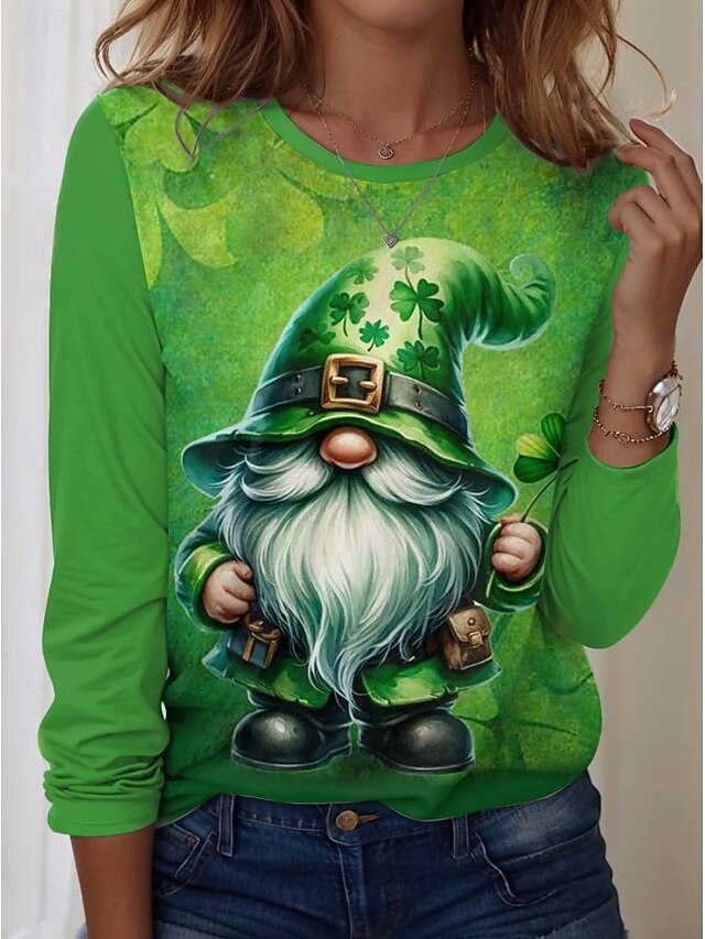 St. Patrick's Day Women's T shirt Crew Neck Long Sleeve Tunic Shamrock Casual  Regular Tops Daily Print Green Spring Fall4