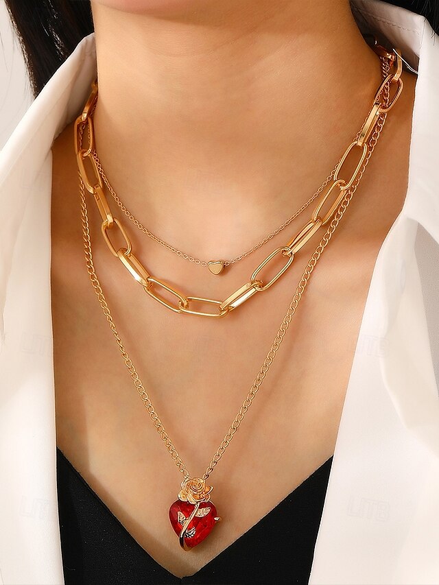  Damenhalskette mit rotem Herzanhänger und schwarzem Rosendesign – romantischer Gothic-Schmuck für den Valentinstag, Partys und besondere Anlässe