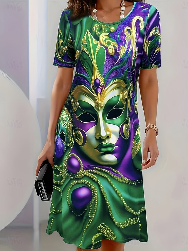 Mardi Gras Women's Elegant Party Evening Midi Dress Crew Neck Short Sleeve Casual Dress Shift Dress Summer Dress Stylish Casual Daily Regular Fit Graphic Green Summer4