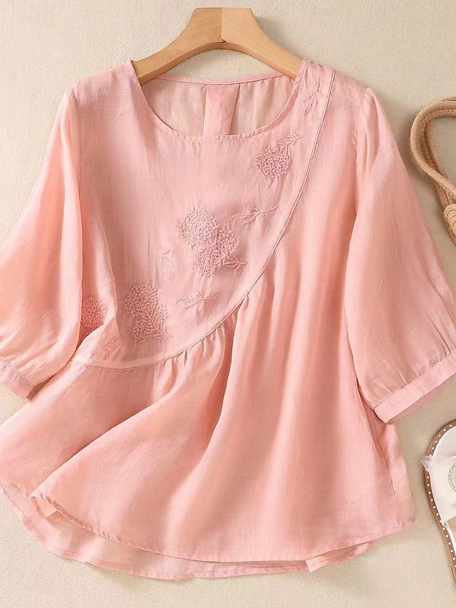  Dame Skjorte Bluse عادي Stilfull Fritid 3/4 ermer Crew-hals Vanlige topper Daglig Broderi Hvit Rosa Kakifarget Lyseblå Sommer Vår Høst