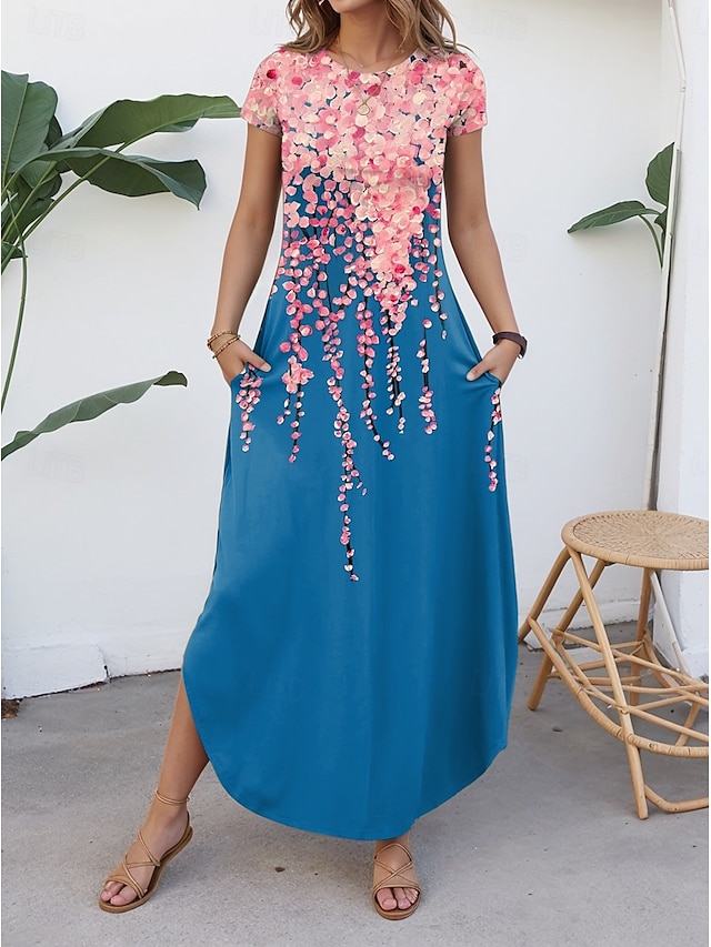  Women's Maxi Dress Casual Dress Vintage Vacation Regular Fit Floral Short Sleeve Crew Neck Blue Summer