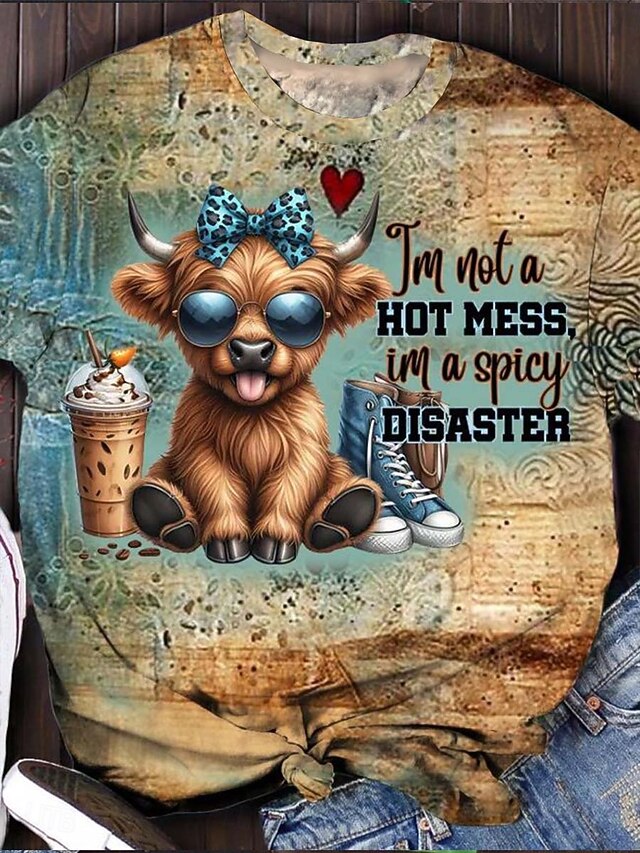 Women's T Shirt Cow Letter Casual Short Sleeve Round Neck Regular Tops Daily Print Green Summer4