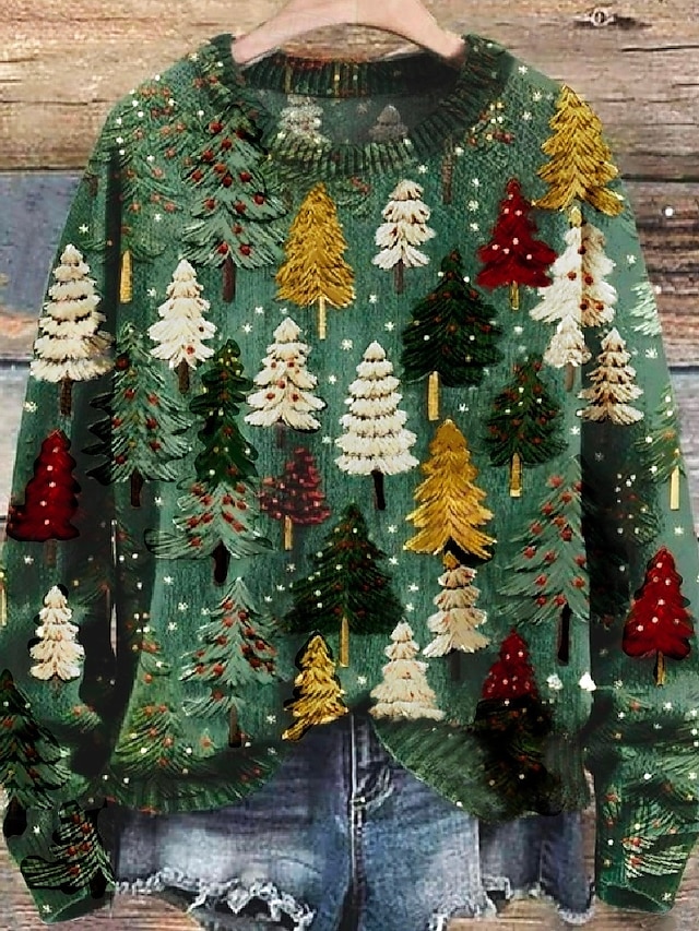  Unisex Pullover Rundhals Langarm 3D Baummuster Urlaub festlich Winter Wärme lässig Komfort grün rot weiß gold Schneeflocken Design