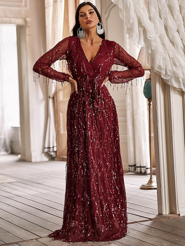  Abschlussballkleider Strandhochzeit A-Linie Partykleid Abendfeier Cocktailparty Bodenlang Langarm Tiefer Ausschnitt mit Glitzerquaste