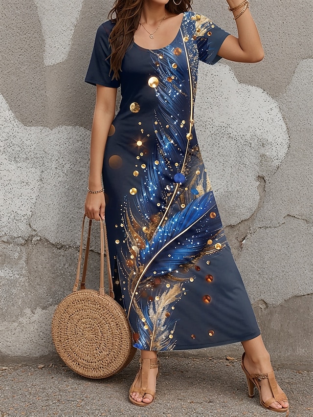  Dámské maxi šaty casual šaty sundress shift šaty stylové casual dovolená denní regular fit květinové krátký rukáv crew neck modrá jaro podzim