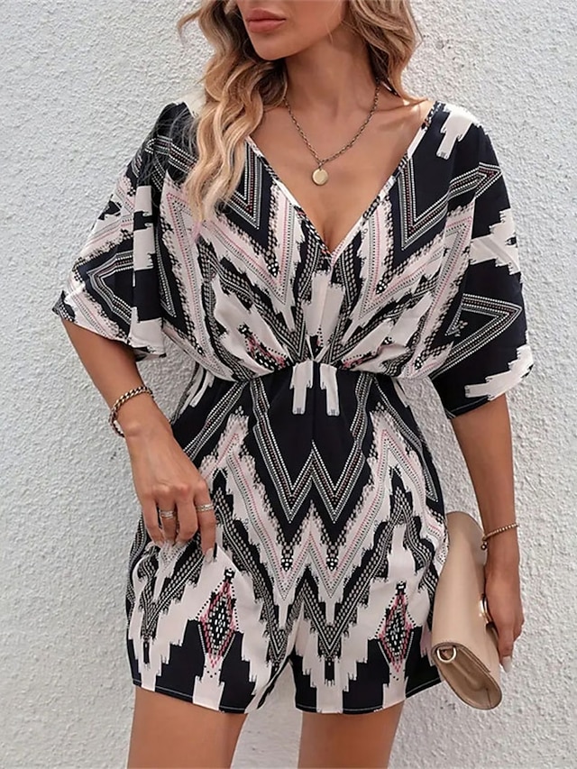  Femme Normal Combishort Actif Géométrique Manche Courte Col V Taille haute Imprimer Vacances du quotidien Standard Noir Eté