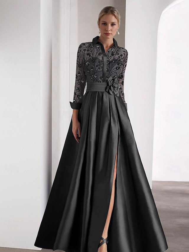  Broderad A-Linje Kvällsklänning Elegant Klänning Formell Bröllop Gäst Golvlängd Lång ärm Skjortkrage Satin med Glitter Slits