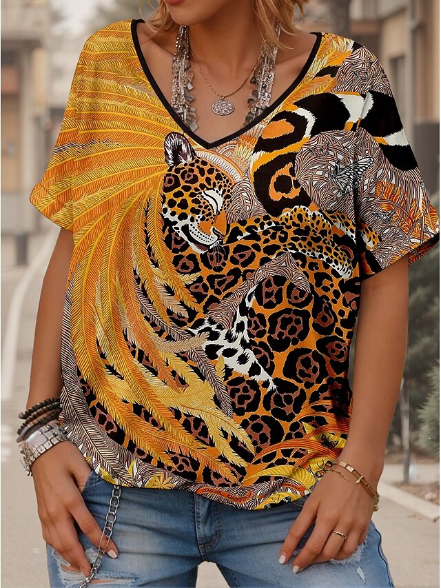 Women's T Shirt Animal Color Block Vintage Casual Short Sleeve V Neck Regular Tops Daily Print Orange Summer Spring4