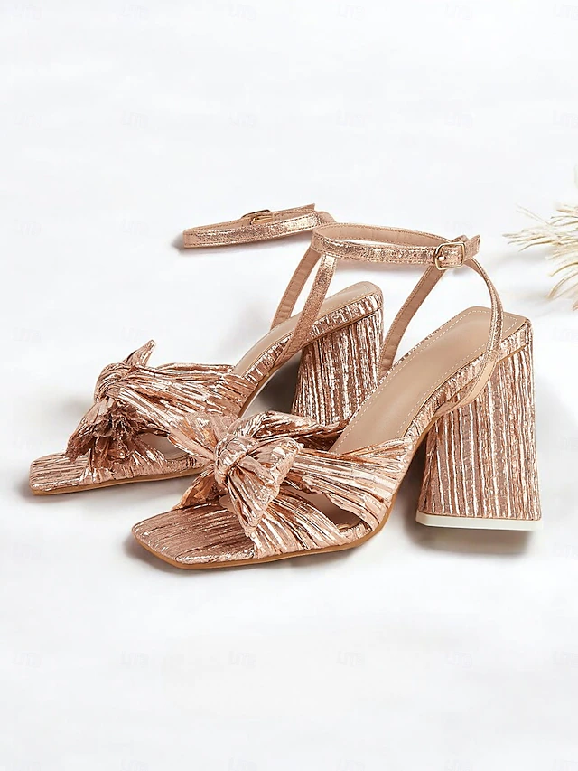 Rose Gold Block Heel Sandals with Textured Knot Detail and Adjustable Straps - Women's Elegant Evening or Party Wear 16