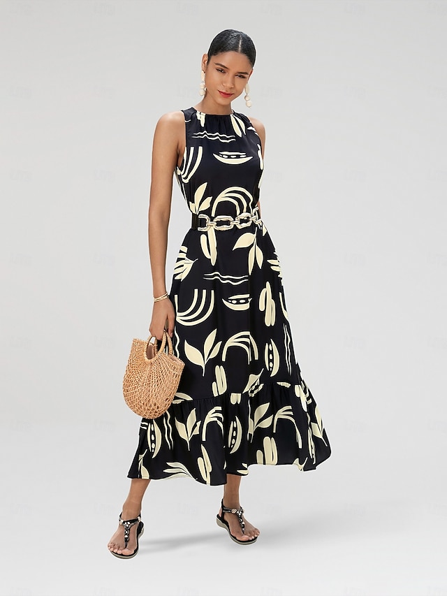  Mulheres Vestido casual Vestido Longo Preto Azul Royal Sem Manga Folhas Primavera Verão Arredondar Casual Diário férias na praia S M L