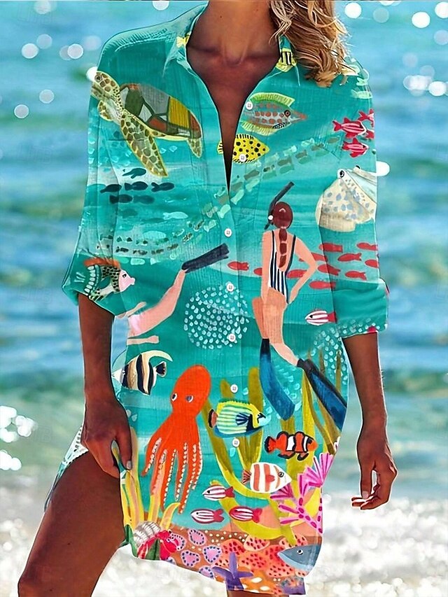 Women's Mini Dress Shirt Dress Hawaiian Shirts  Flowy  Beach Graphic Long  Long Sleeve Shirt Collar Buttons Print Form Fit Green Summer Holiday Clothes Beach Wear4
