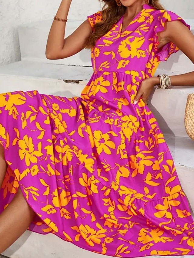  Damen Maxidress Casual kleid Schaukelkleid A Linie Kleid Tank-Top Kleid Stilvoll Brautkleider schlicht Urlaub Täglich Regular Fit Blumen Ärmellos V Ausschnitt Gelb Purpur Sommer