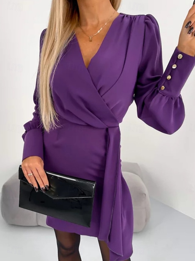  Damen Minikleid Casual kleid Bodycon Stilvoll Sexy Brautkleider schlicht Urlaub Arbeit Täglich Regular Fit Glatt 3/4 Ärmel V Ausschnitt Schwarz Purpur Sommer Frühling