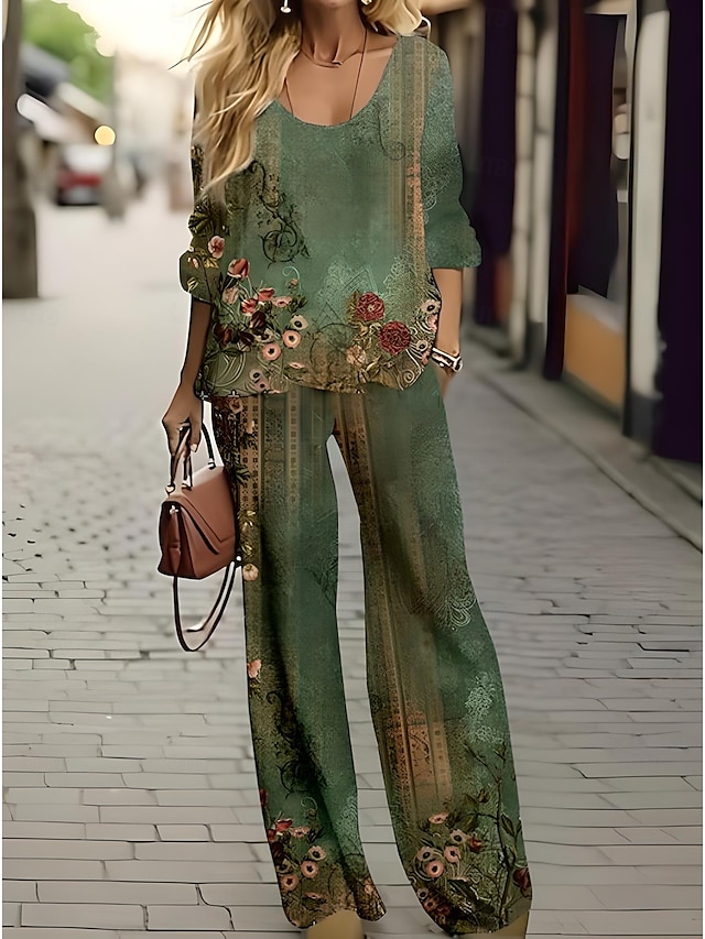  Ensemble de 2 pièces chemise basique néon et lumineuse blouse à manches 3/4 col en V imprimé floral décontracté similaire au lin vert été coupe régulière