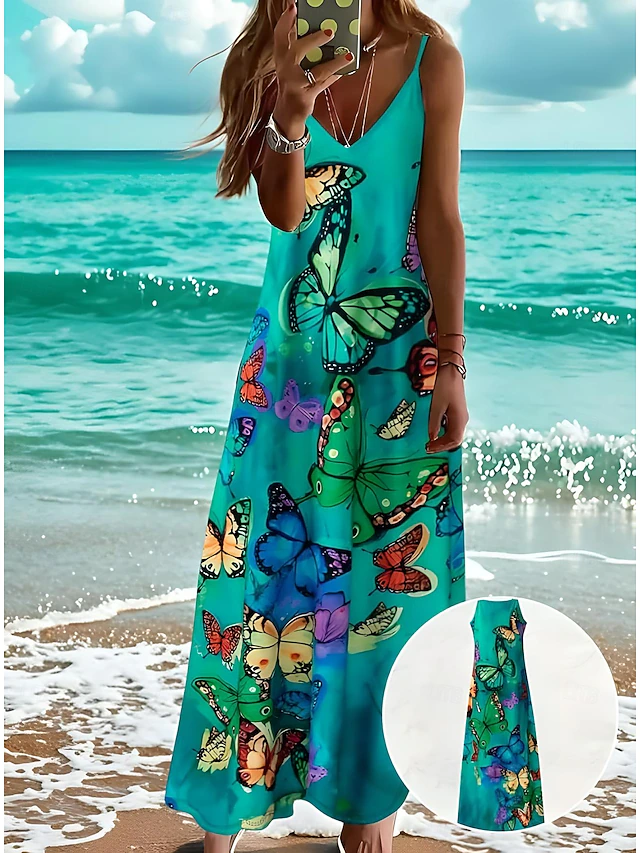 Women's Maxi Dress Casual Dress Sundress A Line Dress Vacation Tropical Casual Vacation Casual Daily Regular Fit Floral Butterfly Sleeveless V Neck Green Summer Spring4