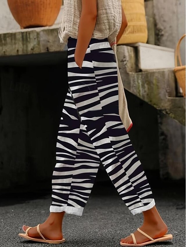  Pantalones de Algodón y Lino para Mujeres Pantalones Bombachos Lino Elegante Moda Vintage Longitud Completa Cintura Alta Estampado Cuadriculado Geométrico Transpirable Suave Microelástico Exterior