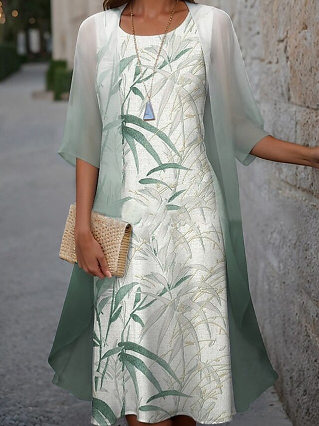 Women's Fashion Streetwear Skirt Sets 3/4 Length Sleeve Bell Sleeve Crew Neck Plant Lace Print Daily Wear Date Blue Green Gray Spring Regular Fit4