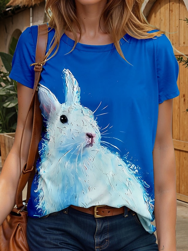  Paște Pentru femei Tricou Grafic Animal Stilat Casual Manșon scurt Rotund Topuri obișnuite Zilnic Sfârșit de săptămână Imprimeu Albastru piscină Vară Primăvară
