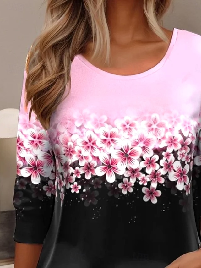  Dames T-shirt Crew Neck Lange Mouw Tuniek Bloemrijk Elegant Vintage Reguliere Tops Dagelijkse Uitgaan Weekend Print Roze