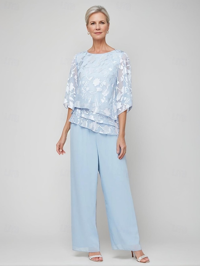  Jumpsuit  Hosenanzug Brautmutter Blumenspitze Elegant Einfach Minimalistisch Bootsausschnitt Bodenlange Chiffon 3/4 Länge Ärmel mit Rüschchen Kaskadierende Rüschen Einfarbig