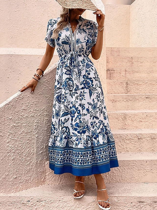  Damskie Sukienka maxi Sukienka A line Sukienka w kwiatki Sukienka Boho Elegancki Codzienny Urlop Codzienny Regularny Kwiaty Krótki rękaw W serek Niebieski Lato Wiosna
