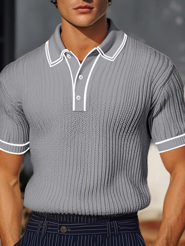  男性用 リブニットトップス マッスルシャツ 祝日 ラペル リブ付きポロカラー 半袖 ベーシック 近代の カラーブロック パッチワーク ポケット 春夏 スリムフィット ホワイト バーガンディー ネイビーブルー グレー ライトブルー リブニットトップス