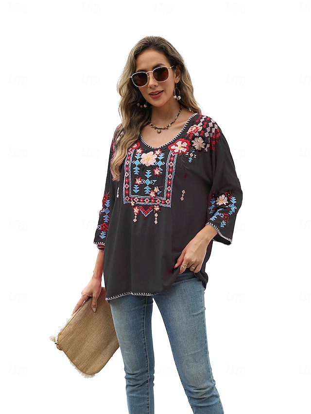 Dame Boho skjorte Helfarge Blomstret Bohem Daglig Luksuriøs 3/4 ermer 3/4-ermer Crew-hals Vanlige topper Arbeid Daglig Ut på byen Broderi Svart Gul Rose Rosa Sommer