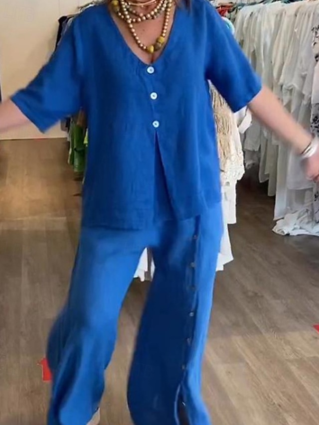  Damen Mode Streetwear Hemd Baumwoll-Leinen-Sets Zweiteilige Sets Leinenhosen Hosen Hose Kurzarm V Ausschnitt Einfarbig Kordelzug Alltagskleidung Date Schwarz Weiß Blau Sommer Normale Passform