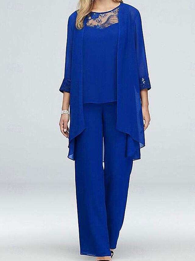  Pantalón de la Madre de la Novia Vestido Casual Elegante Escote Joya Larga Poliéster Manga Larga con Encaje