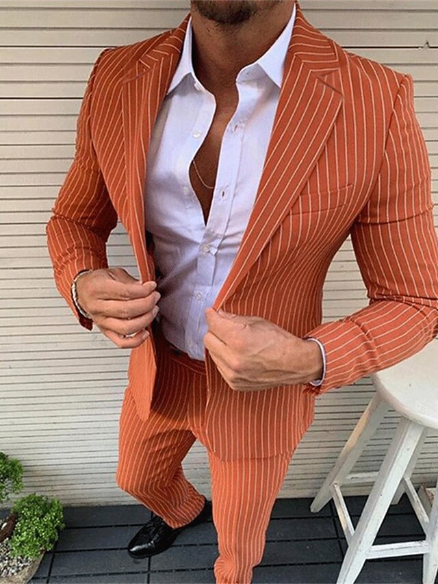 Men's Graduation Blazer Set Business Cocktail Party Wedding Party Fashion Casual Spring Fall Polyester Stripes Pocket 2 Piece Comfortable Single Breasted Blazer Black White Orange4