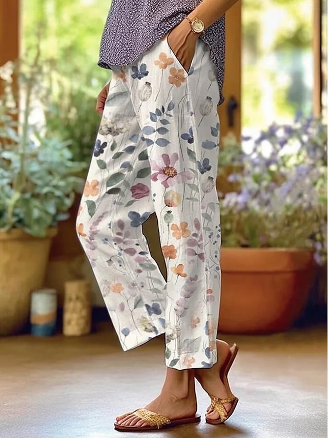  Pantaloni din bumbac și in pentru femei pantaloni baggy asemănători cu in modă stradală lungime completă talie înaltă imprimeu floral grafic termic cald respirabil moale micro-elastic exterior zilnic