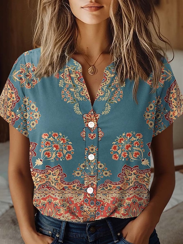  Women's Shirt Floral Elegant Vintage Tropical Short Sleeve Shirt Collar Regular Tops Daily Buttons Print Dusty Blue Summer