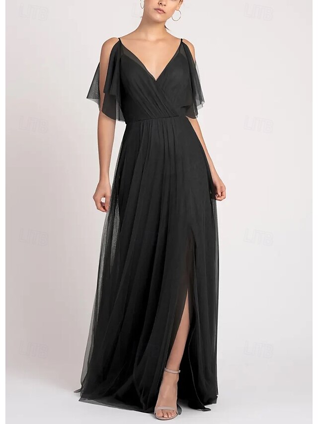  Linha A Vestido de Madrinha Decote V Manga Longa Elegante Longo Tule com Pregas / Franzido 2022