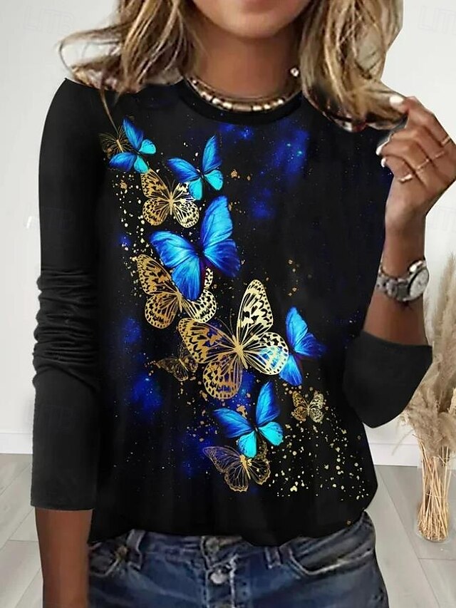  Women's T Shirt Graphic Butterfly Casual Long Sleeve Crew Neck Regular Tops Daily Print Black Spring Fall