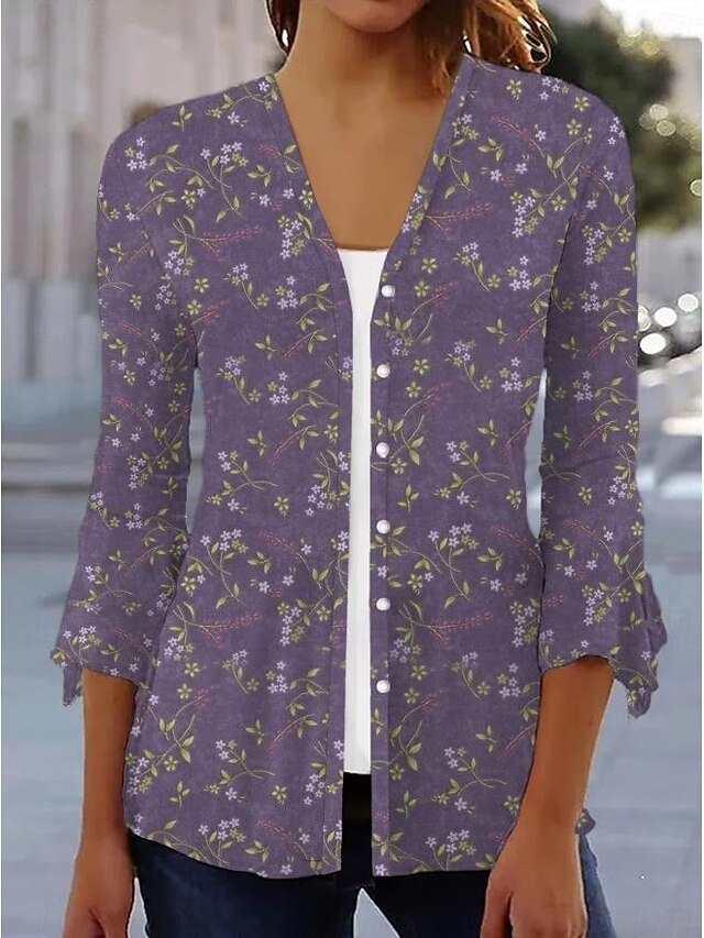 Women's Shirt Floral Basic 3/4 Length Sleeve Square Neck Regular Tops Daily Linen Like Print Purple Spring Fall4