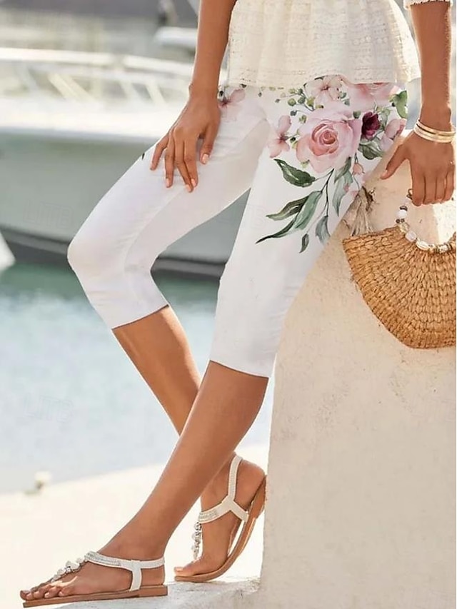  Women's Leggings Capri Pants High Elasticity Fashion Streetwear Full Length Mid Waist Floral Printing Thermal Warm Breathable Soft  Vacation Casual Daily rice white Summer Spring Regular Fit