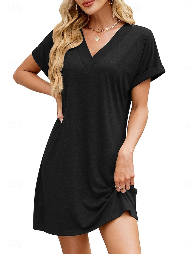  Kvinnors Mini Klänning T Shirt Klänning Tee Klänning A-linje Klänning Enfärgad Atletisk Klänning Avslappnad Semester Daglig Regular Passform Enkel Änklös V-hals Svart Rosa Blå Mörkgrön Sommar