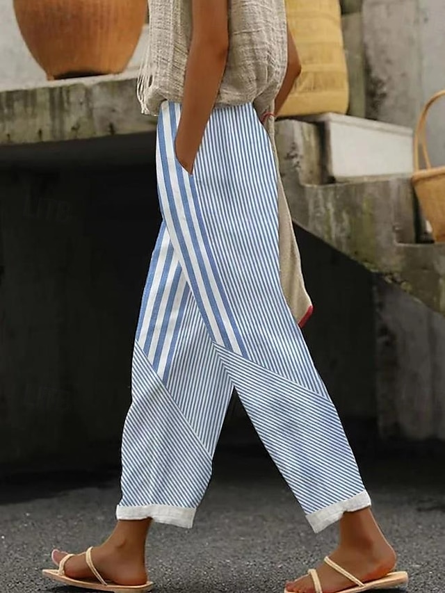  Women's Cotton Linen Pants Baggy Pants Linen Like Elegant Vintage Fashion Full Length High Waist Geometric Plaid Printing Breathable Soft Micro-elastic Outdoor Daily Transparent Blue Regular Fit