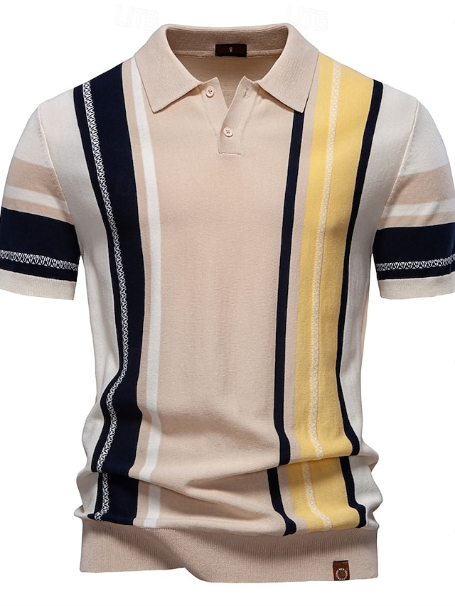  Men's Polo Knit Polo Sweater Formal Work Turndown Short Sleeve Striped Vertical Stripes Stripe-Trim Stripe Spring Beige Polo