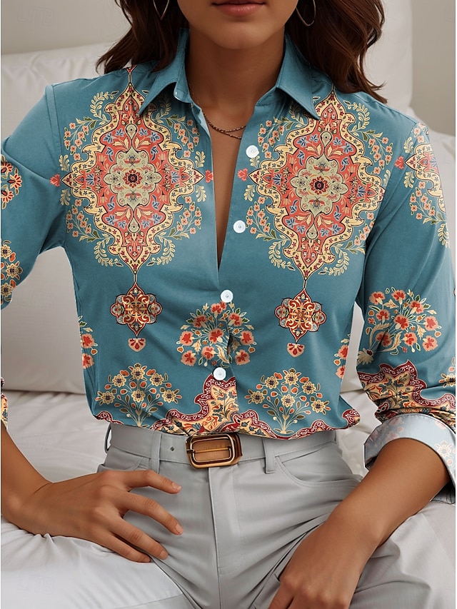  Women's Shirt Paisley Casual Long Sleeve Shirt Collar Regular Tops Work Daily Buttons Print Blue Green Spring Fall Winter