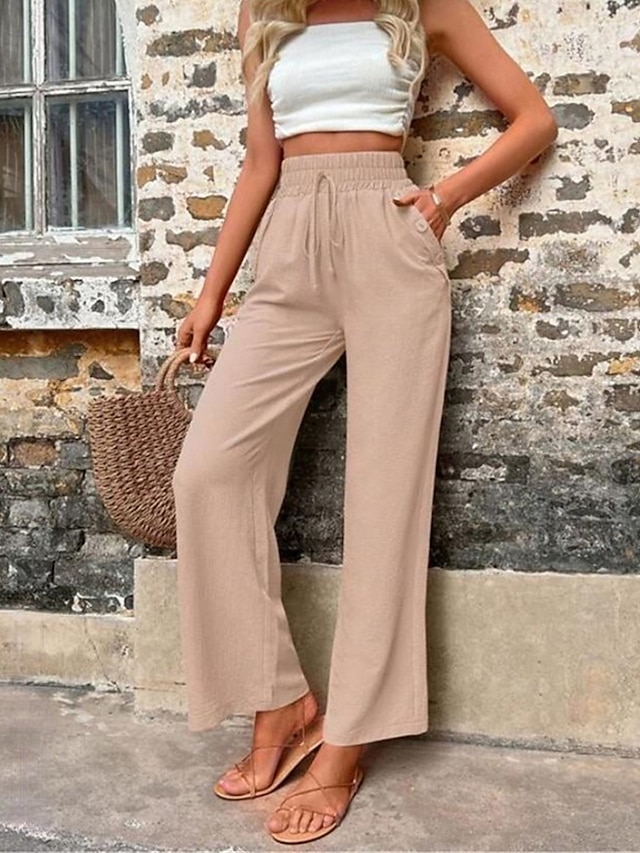  Women's Cotton Linen Shorts Linen-Inspired Pants Cotton Linen Pants Fashion Streetwear Comfort Full Length High Waist Plain Drawstring Elastic Waist Straight Leg Comfy Outdoor Comfortable Street