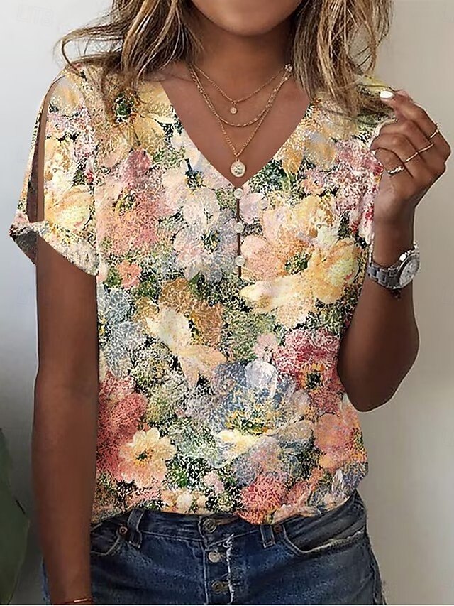 Women's Blouse V Neck Floral Graphic Casual Short Sleeve Regular Tops Daily Buttons Print Yellow Summer4