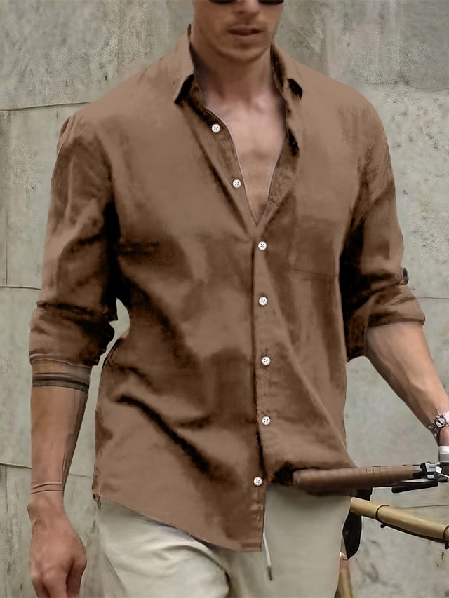  Per uomo Camicia camicia di lino Camicia estiva Abbigliamento mare Maglietta informale Camicia con bottoni Liscio Informale Giornaliero Bianco Marrone Azzurro Manica lunga Bavero Primavera estate