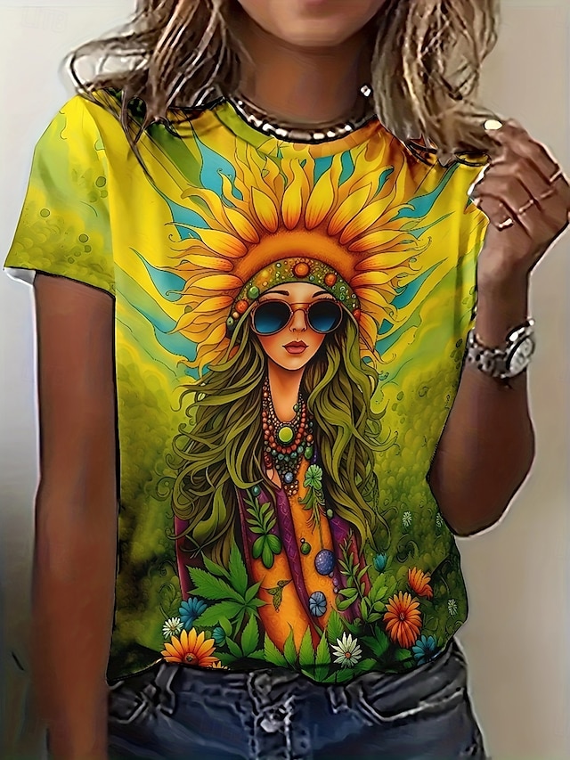  Femme T shirt Graphic Décontractées Manche Courte Col Rond Hauts réguliers du quotidien Imprimer Vert Eté